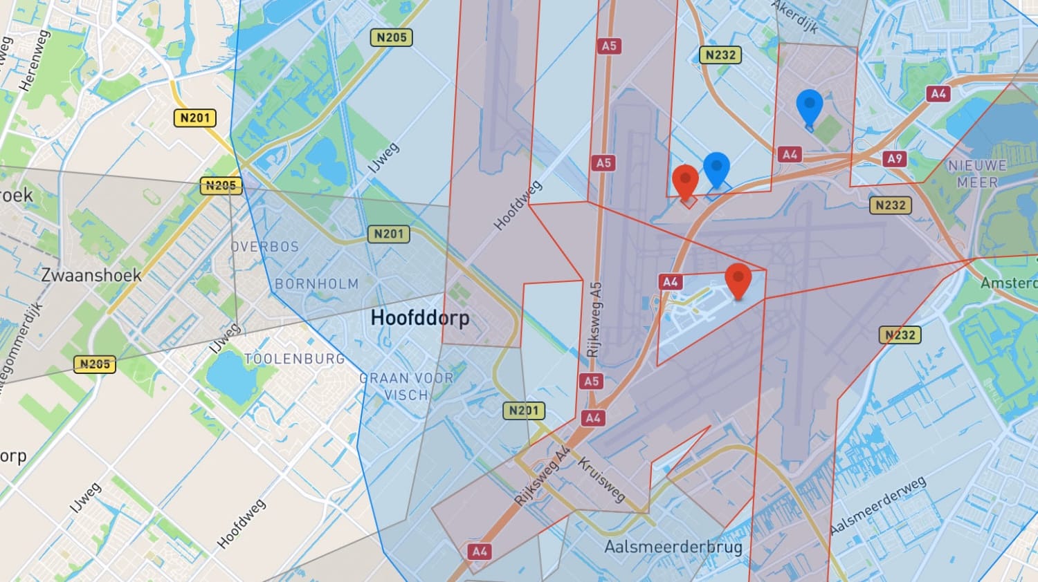 Map of Hoofddorp near Schiphol with a red restricted zone and location pins.