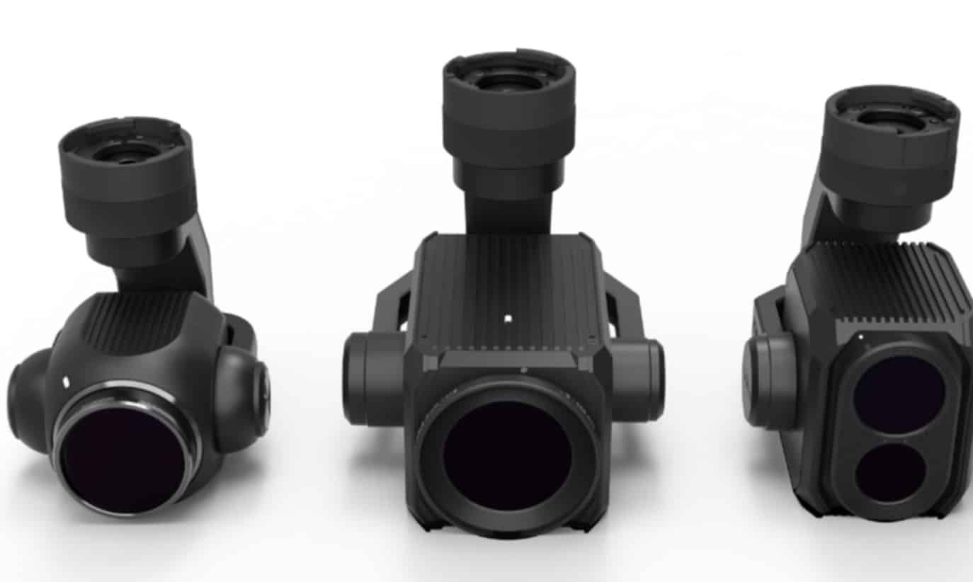 Three interchangeable Yuneec gimbal payloads including zoom and thermal camera modules.