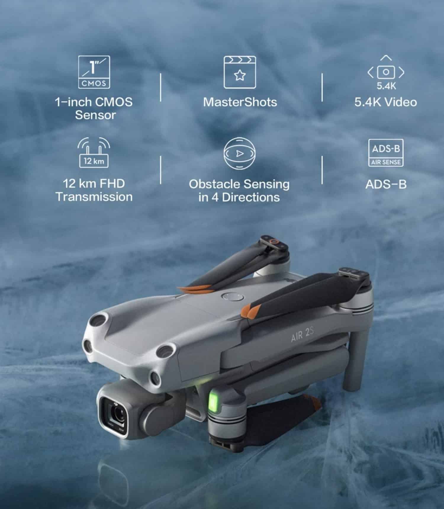 Marketing graphic listing Air 2S features around the folded drone.
