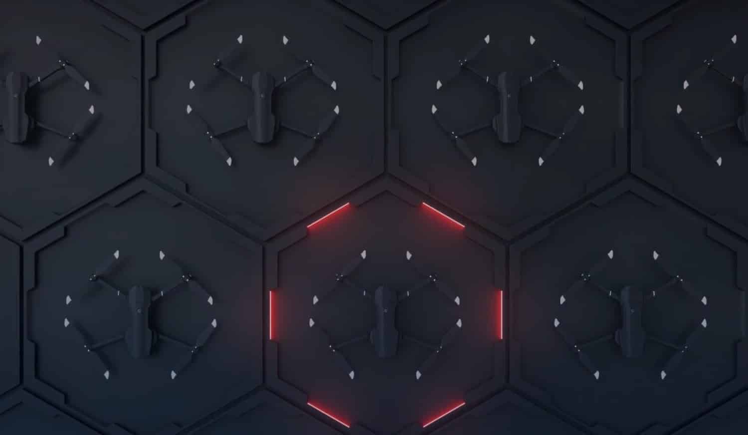 Dark render of hexagonal drone landing pads lit with red edges.