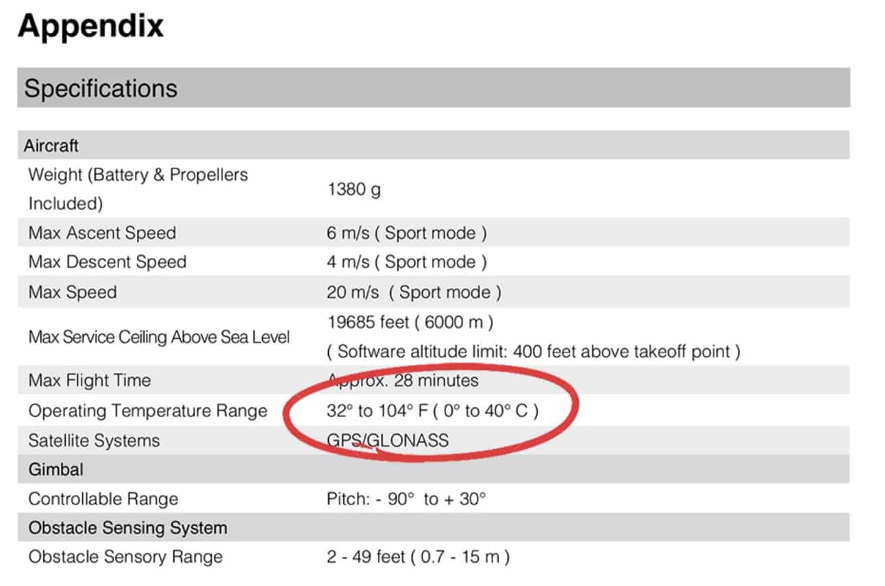 Drone manual specification table with the operating temperature range circled in red.