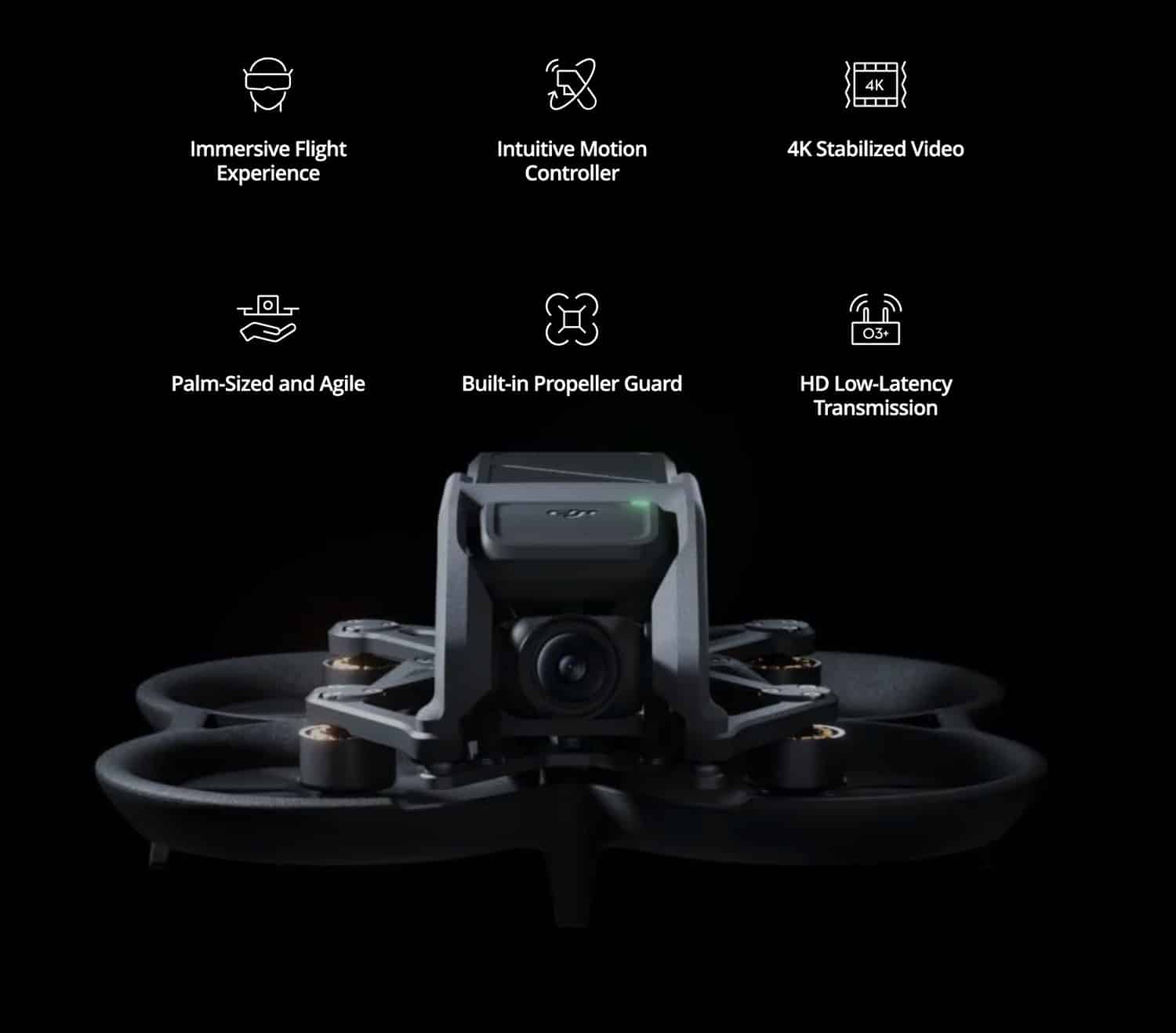 DJI Avata showing the built-in propeller guards that protect its FPV airframe.