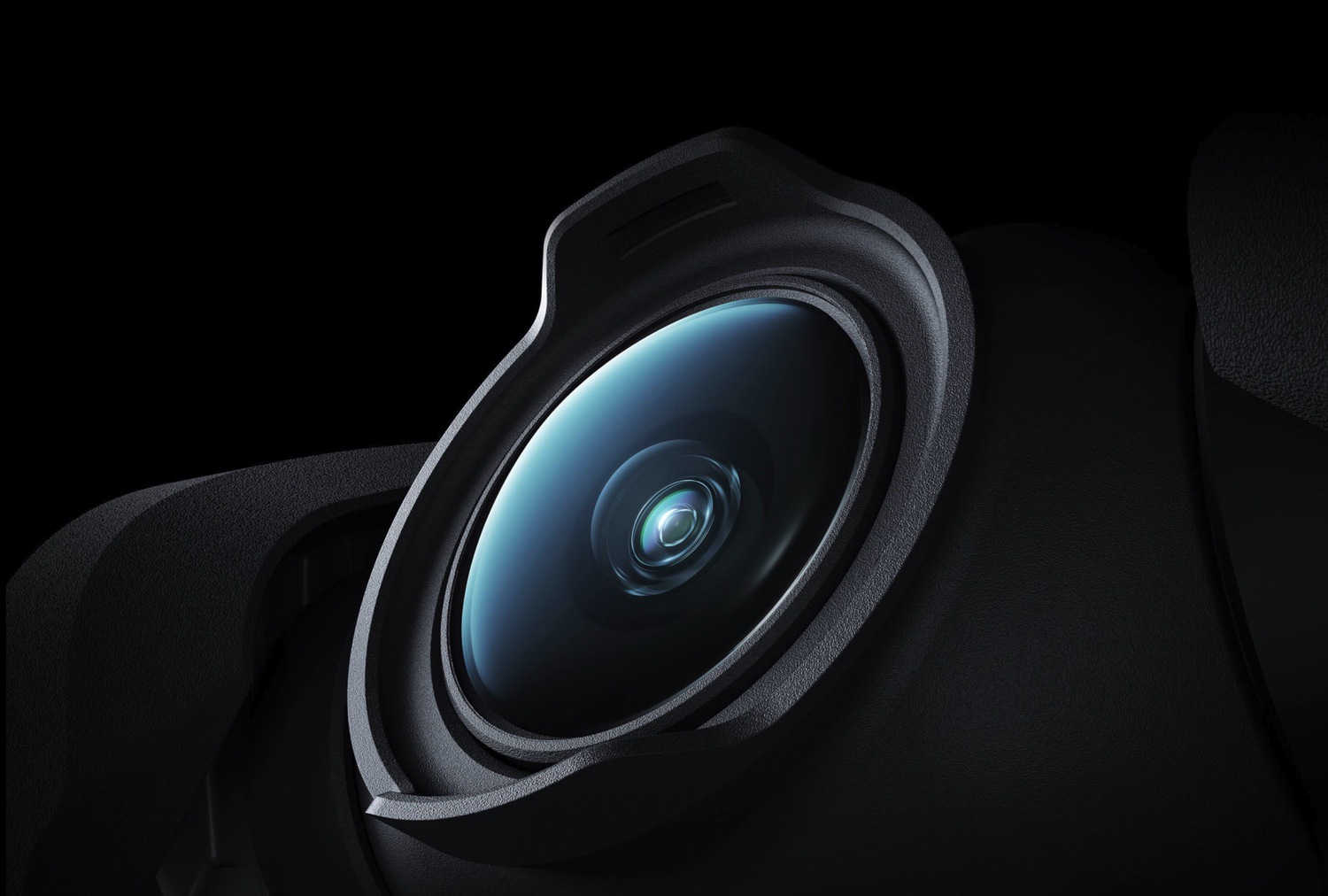 Extreme close-up of the DJI Avata camera lens on a dark background.