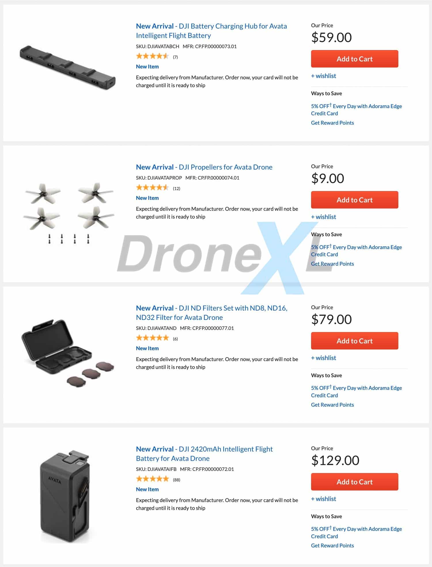 Screenshot of Adorama listings showing DJI Avata accessories with prices and add-to-cart buttons.