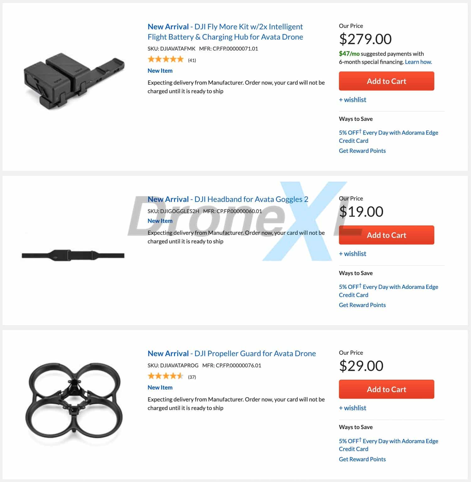 DJI Avata accessories and pricing listed on Adorama website before launch date