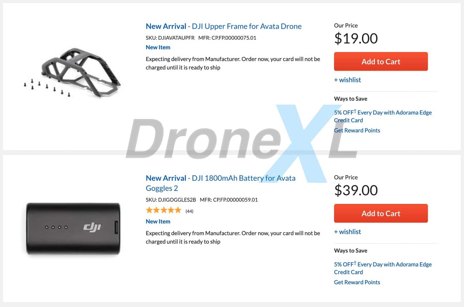 DJI Avata accessories and pricing listed on Adorama website before launch date