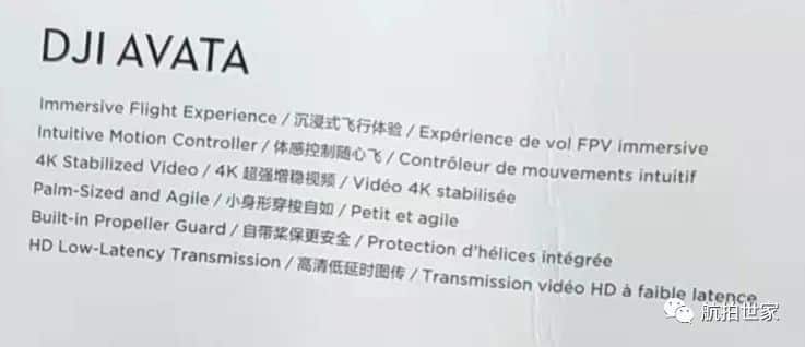 Leaked close-up of the DJI Avata retail box listing its immersive flight features.