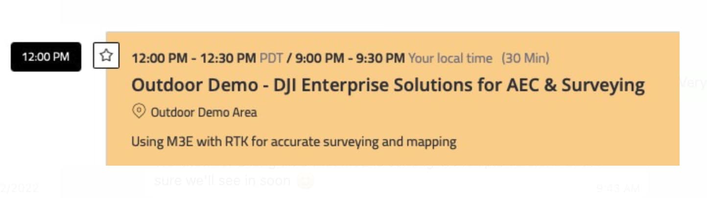 Screenshot of an AirWorks agenda slot listing an outdoor surveying demo with RTK.