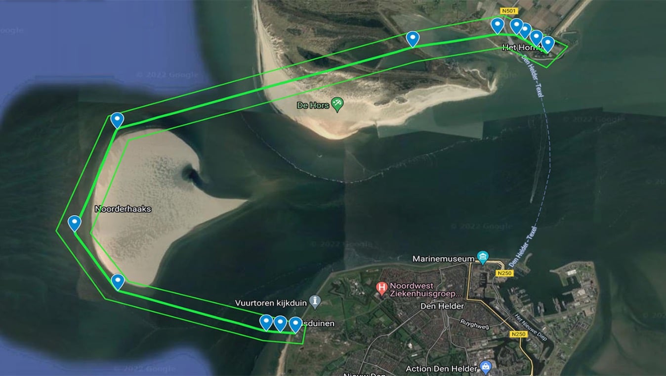 Satellite map showing a green drone route with waypoints between Den Helder and Texel.