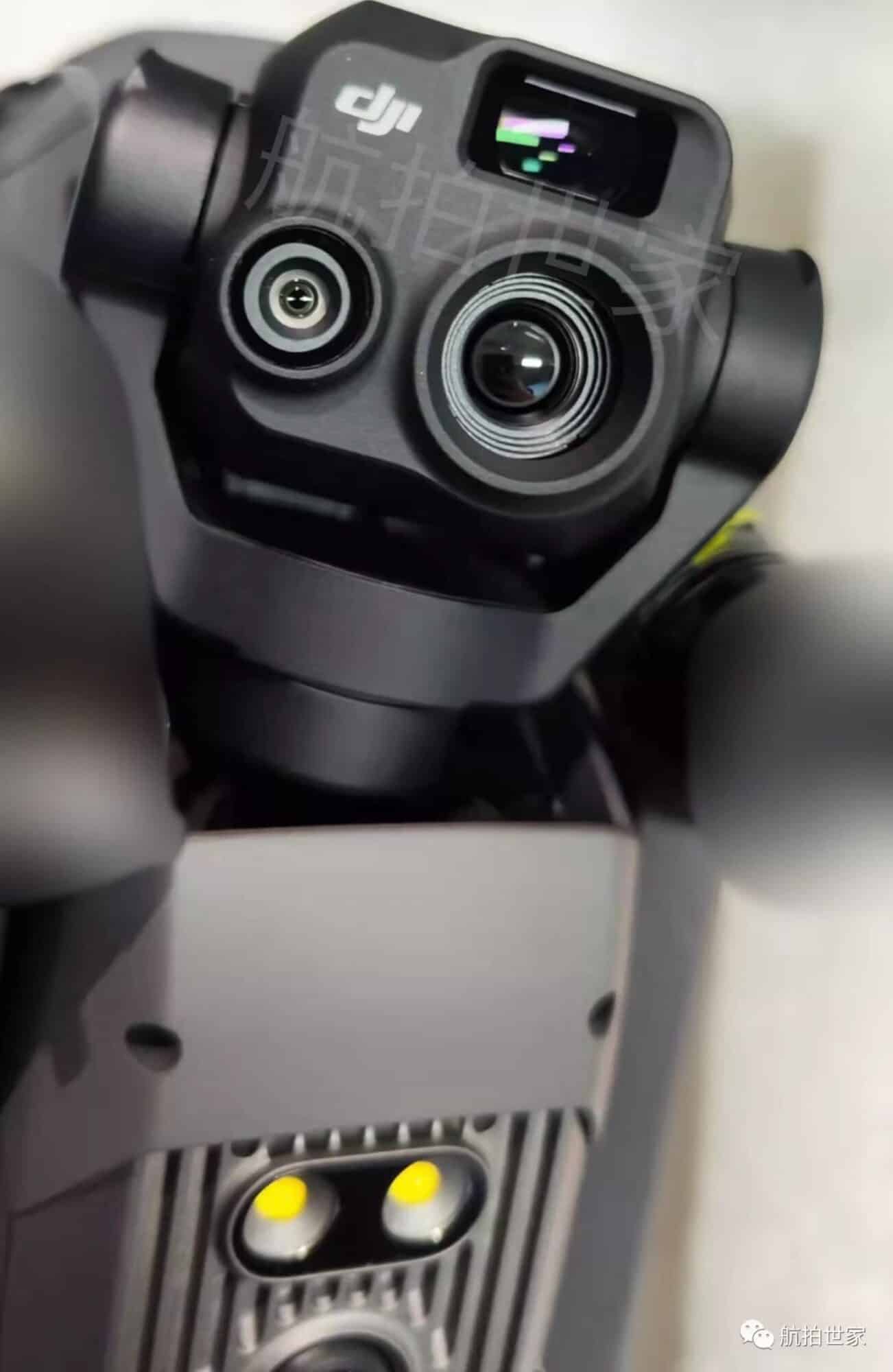 Leaked close-up of a DJI Mavic 3 Enterprise gimbal with twin lenses and lights.