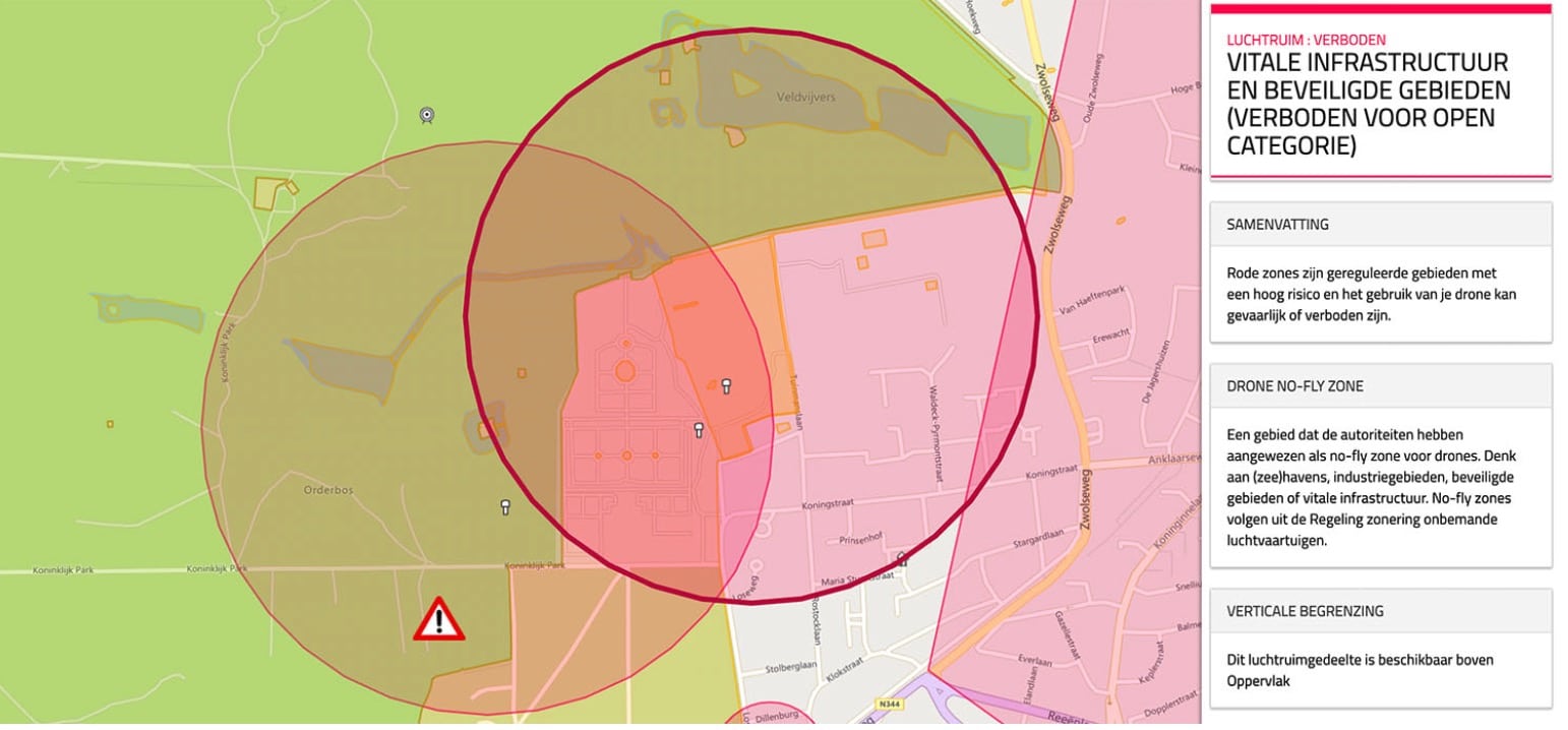 Screenshot of a Dutch airspace map marking a no-fly zone over vital infrastructure.