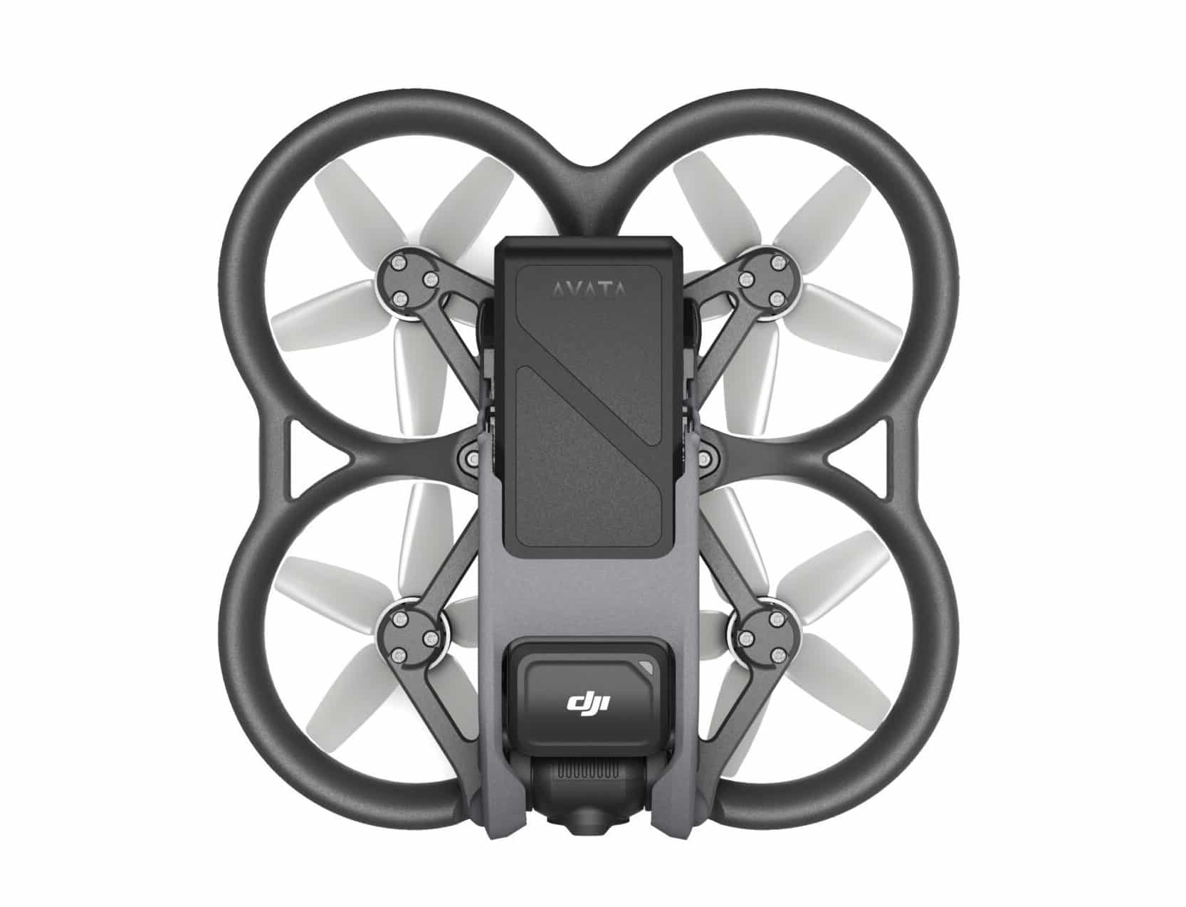 DJI Avata seen from above with its battery and ducted propellers installed.