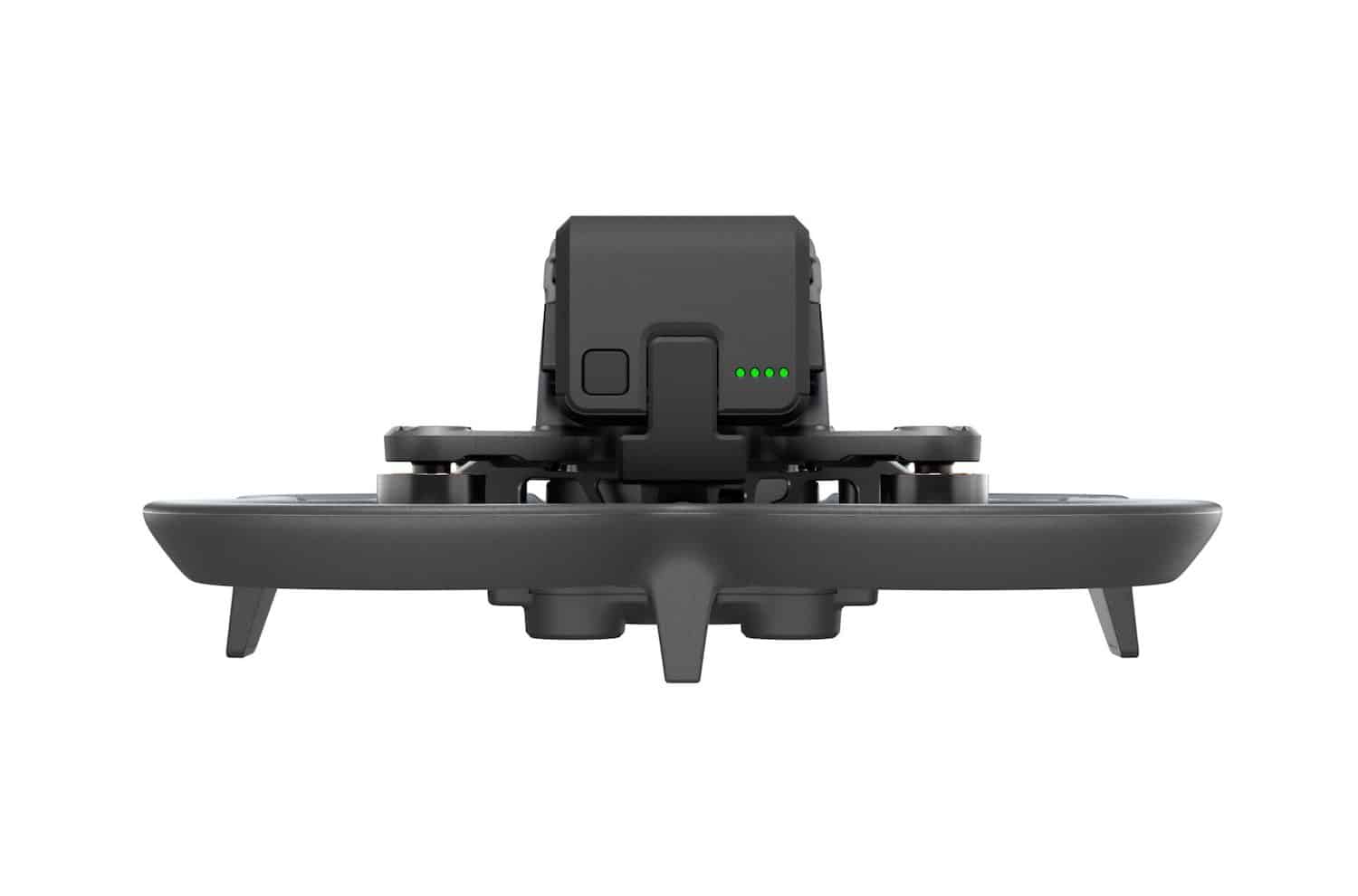 The DJI Avata viewed from the rear, showing its landing feet and battery.