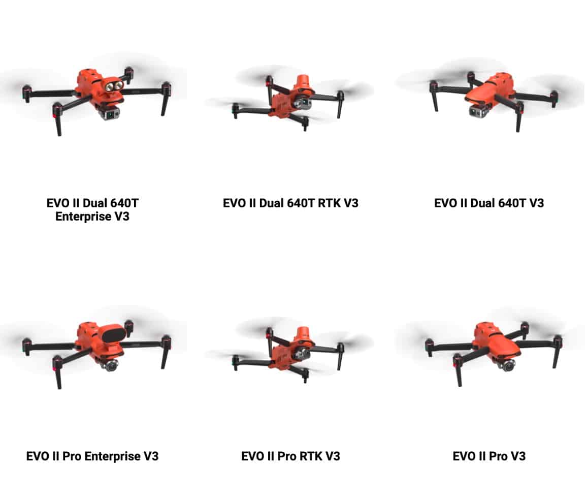 Six Autel EVO II V3 drone variants shown with their model names on white.