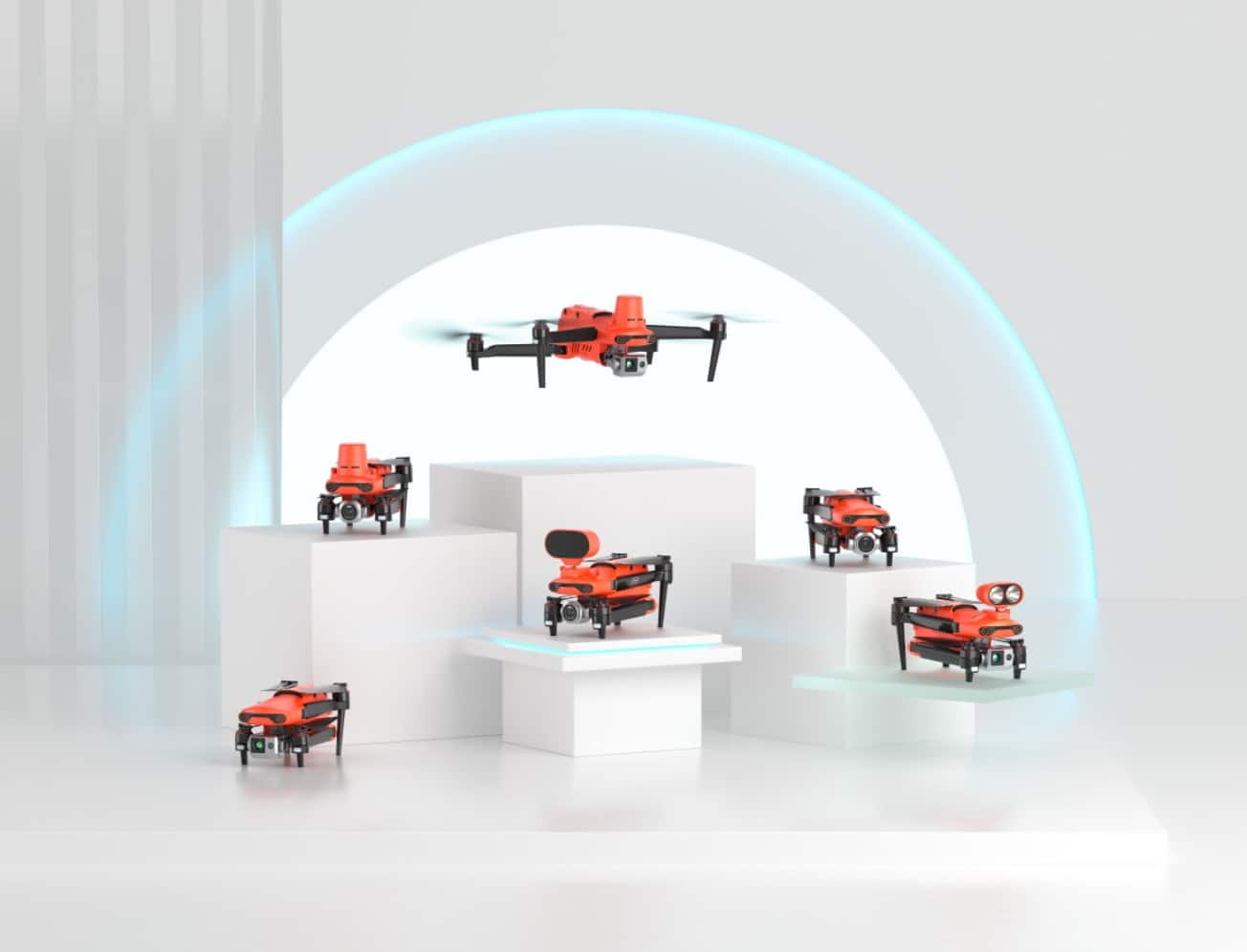 Orange Autel EVO II drones arranged on white pedestals beneath a glowing arch.