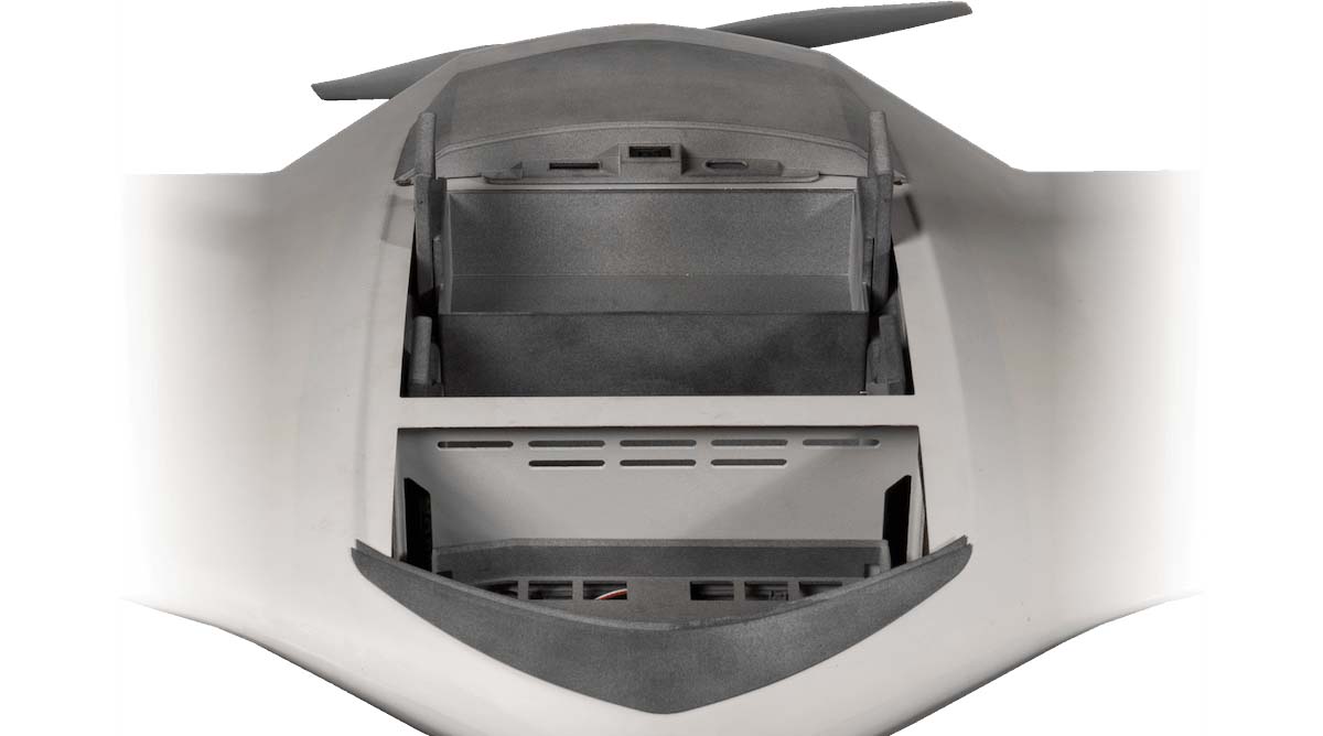 DeltaQuad Evo fixed-wing airframe viewed from above with its payload bay open.