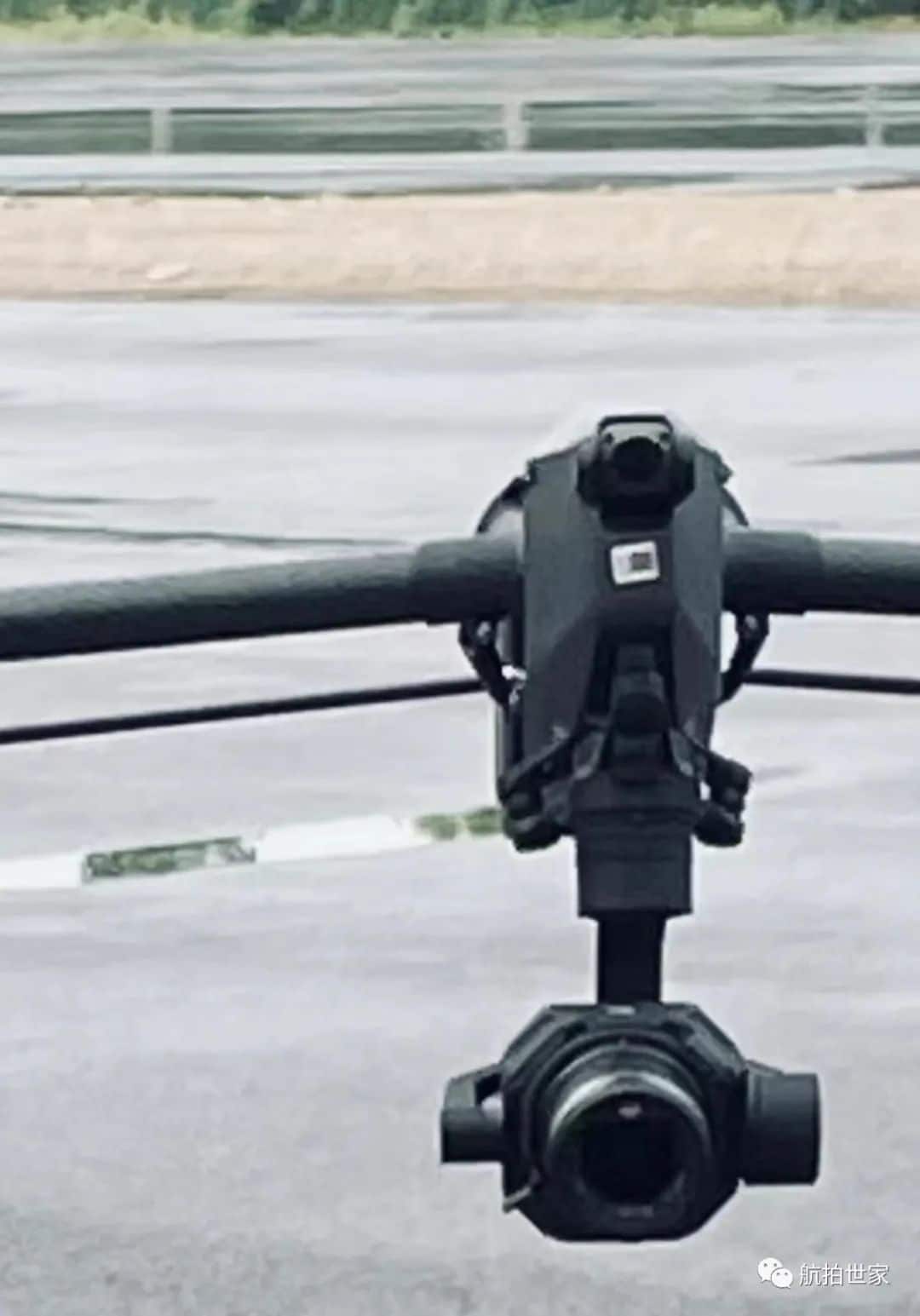 Leaked photo of the DJI Inspire 3 airborne with its gimbal camera extended.