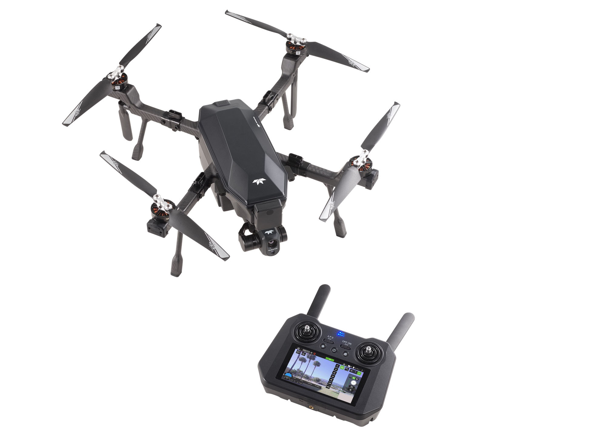 Teledyne FLIR SIRAS drone shown with its touchscreen ground controller.