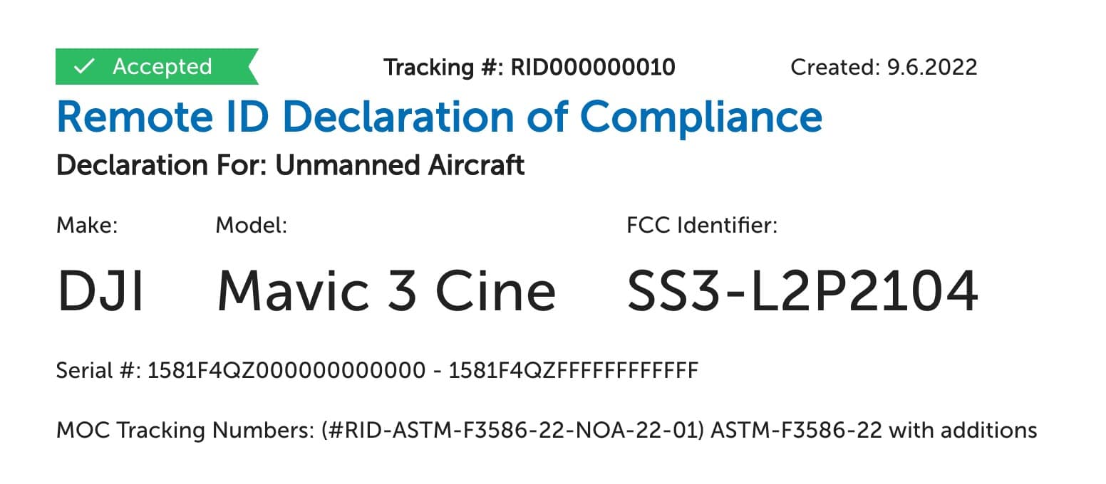 Accepted Remote ID declaration of compliance record for the DJI Mavic 3 Cine.