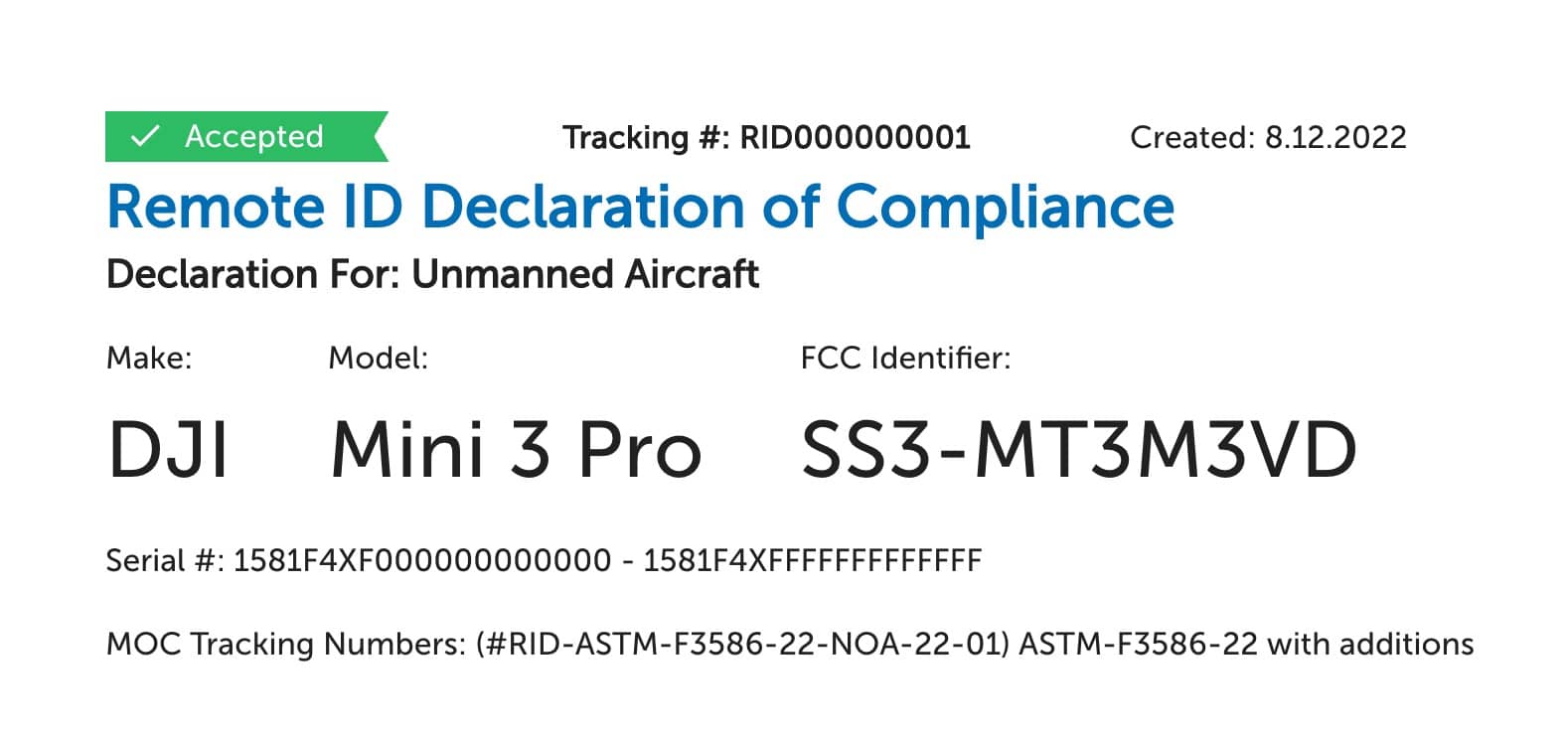 Screenshot of the Remote ID Declaration of Compliance listing the DJI Mini 3 Pro.