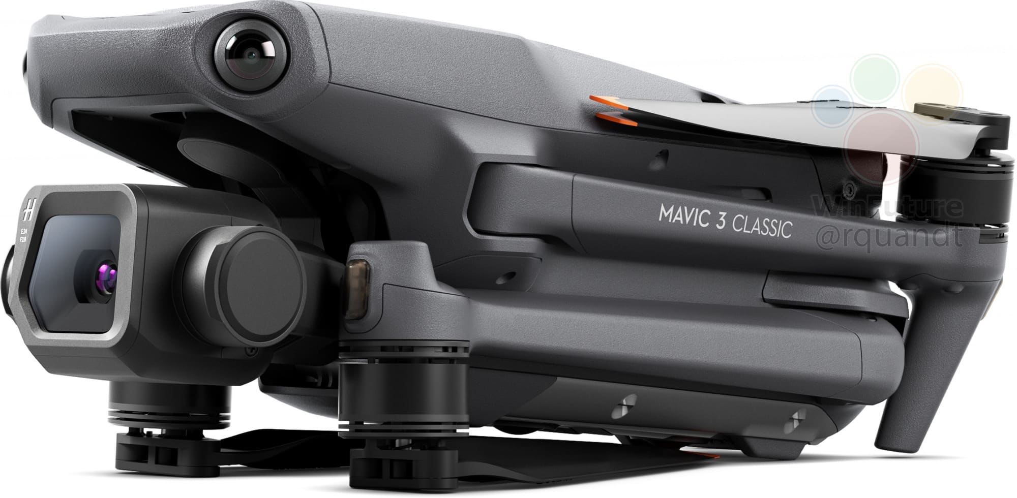 Leaked press image of the DJI Mavic 3 Classic, folded and without the tele camera.