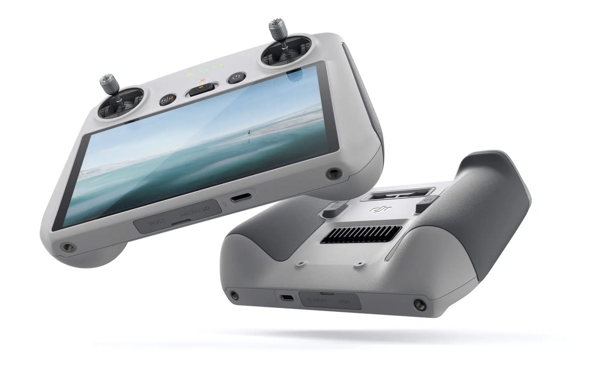 DJI RC controller with built-in screen shown from the front and underside.
