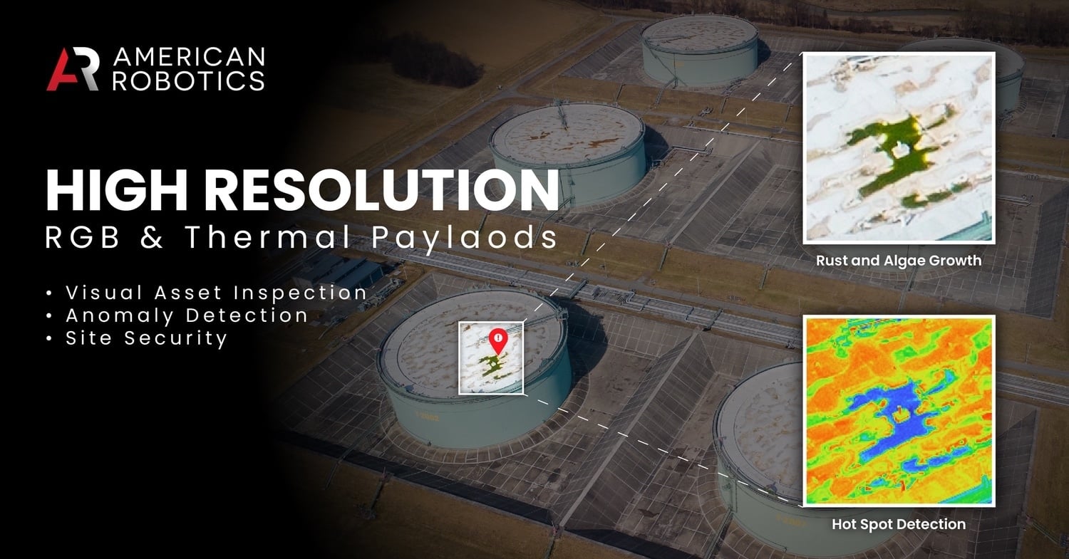 American Robotics graphic promoting RGB and thermal payloads for storage tank inspection.
