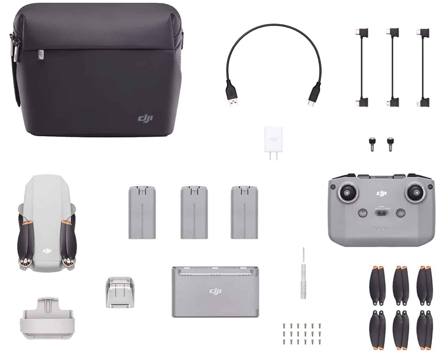 DJI Mini 2 Fly More Combo contents including bag, three batteries and controller.
