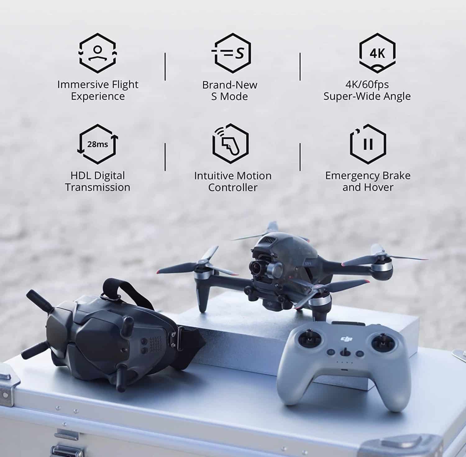 The DJI FPV drone, DJI's ready-to-fly immersive racing quadcopter.