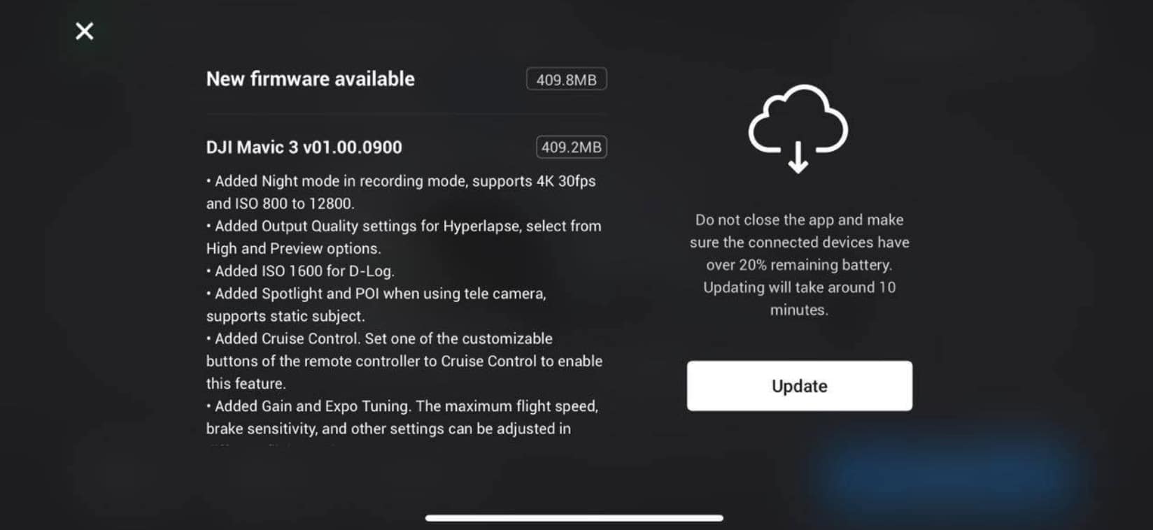 Screenshot of the DJI Mavic 3 firmware update prompt listing new cruise control.