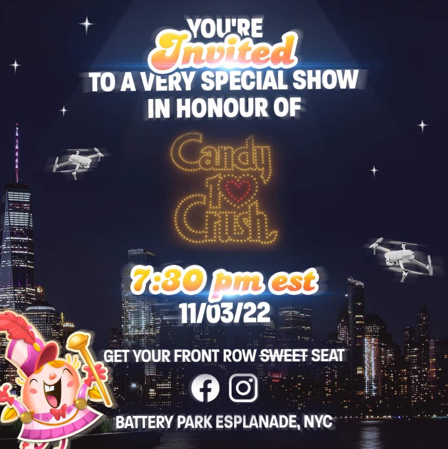 Invitation graphic for a Candy Crush drone show over the New York skyline.