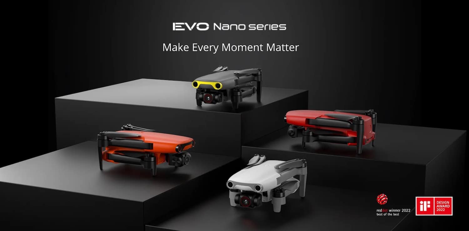 Autel promotional render of the EVO Nano series in orange, red, and white finishes.