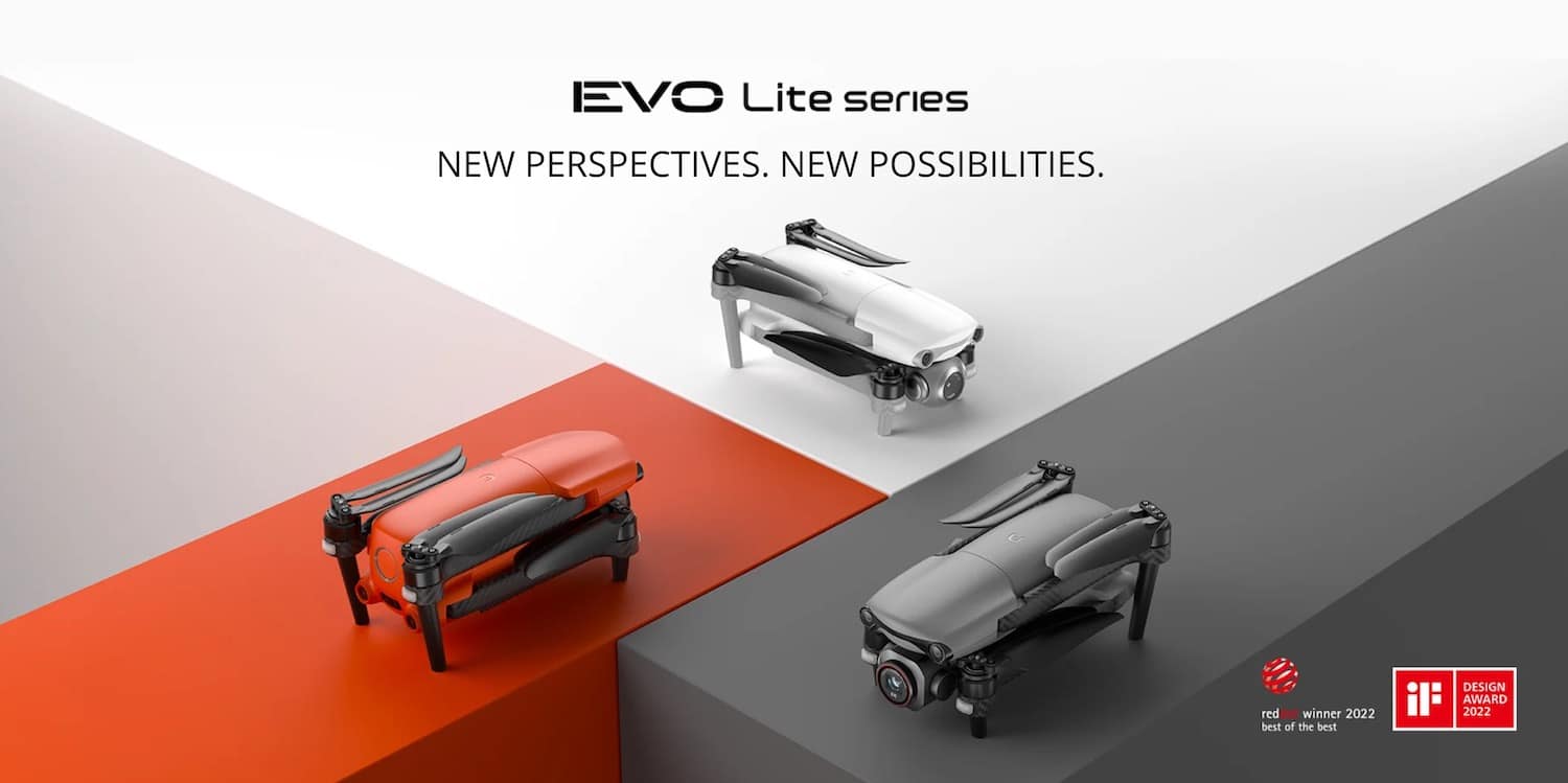 Autel EVO Lite series promotional image showing white, orange, and grey folded models.