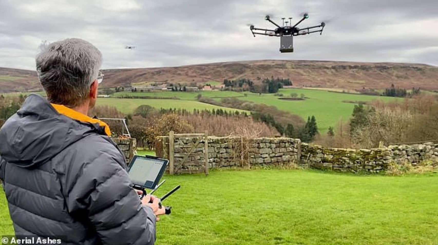 Christopher Mace flies the ashes-carrying drone above the North Yorkshire countryside.