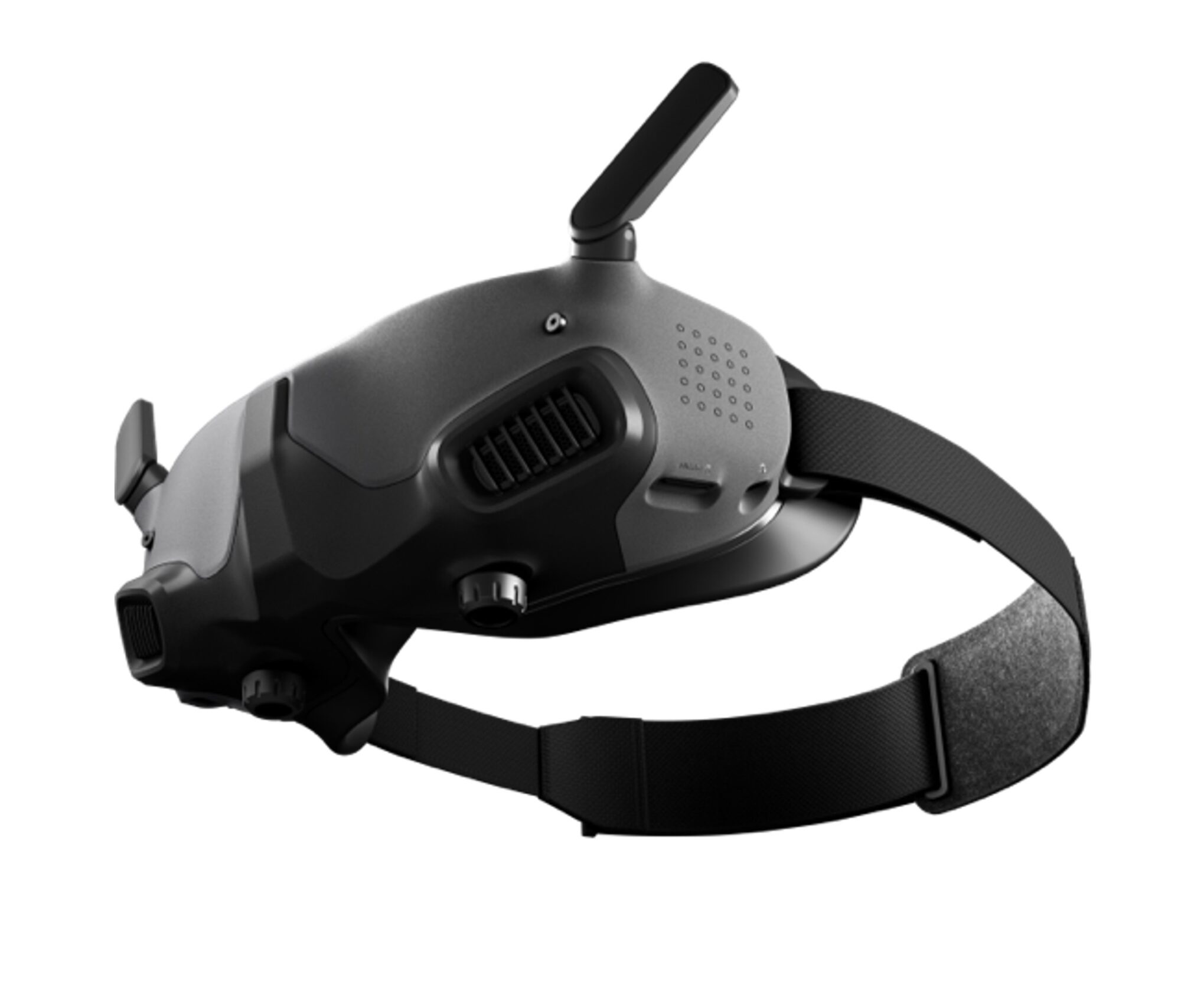 DJI Goggles 2 headset with antenna and adjustable head strap on white.