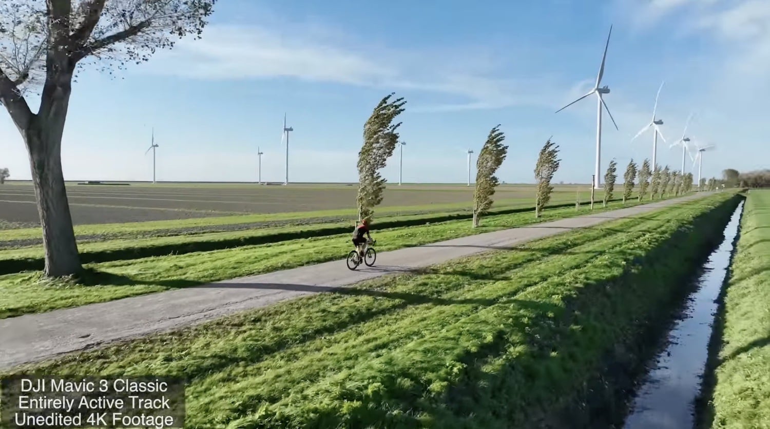 Aerial view from the DJI Mavic 3 Classic while it tracks the cyclist.