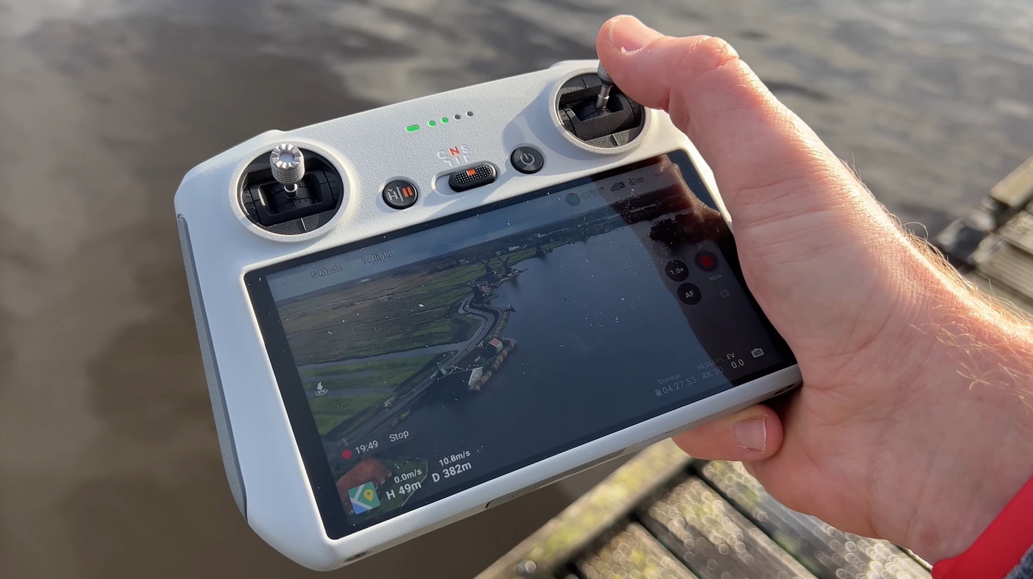 The DJI RC controller with built-in screen that Ray uses with the DJI Mini 3.