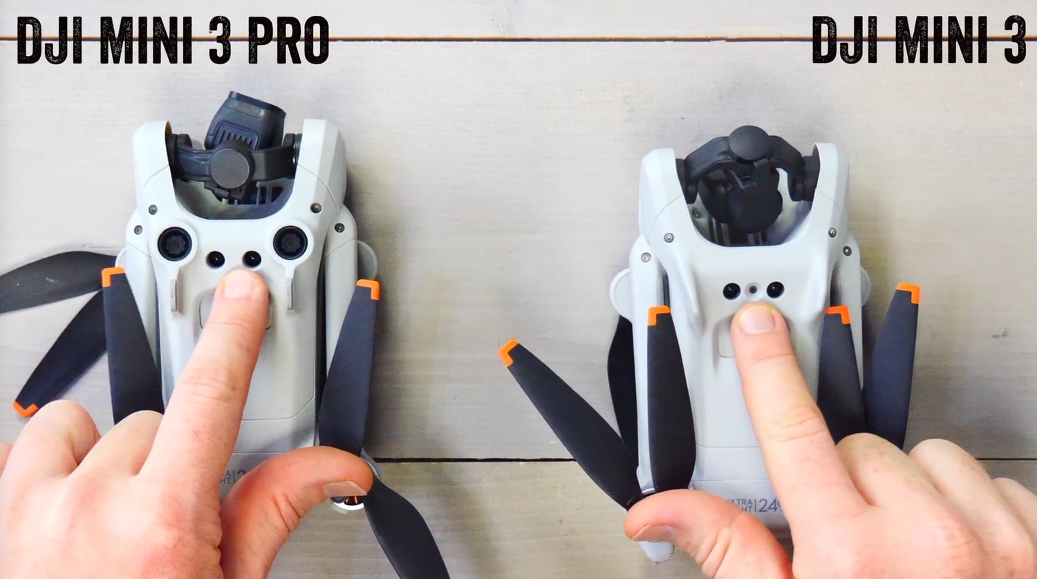 Sensor placement on the DJI Mini 3 compared with the obstacle avoidance sensors of the Mini 3 Pro.