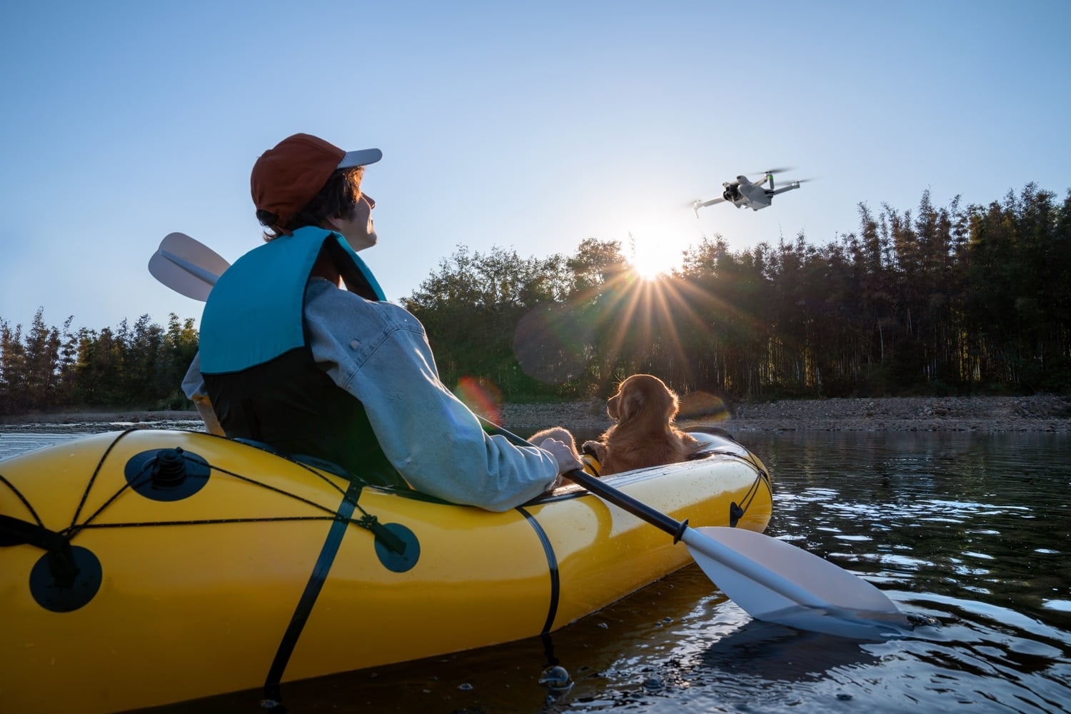 The DJI Mini 3 flying a QuickShots maneuver with the camera locked on its subject.