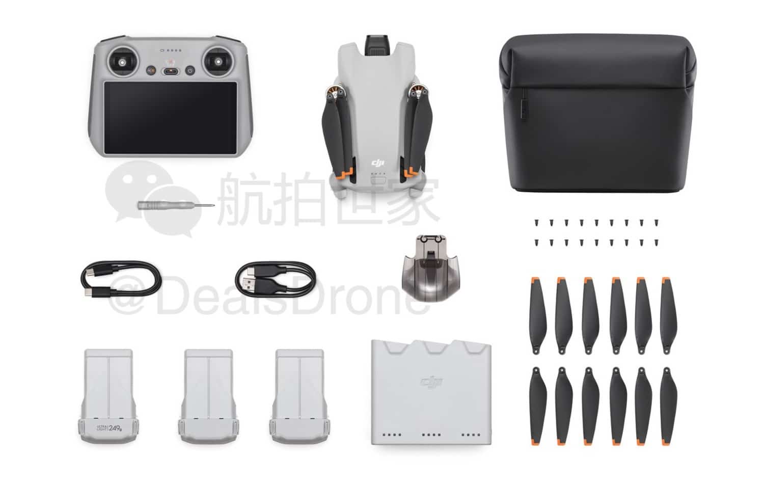 Leaked view of the Fly More Combo accessories, including spare props and charging dock.