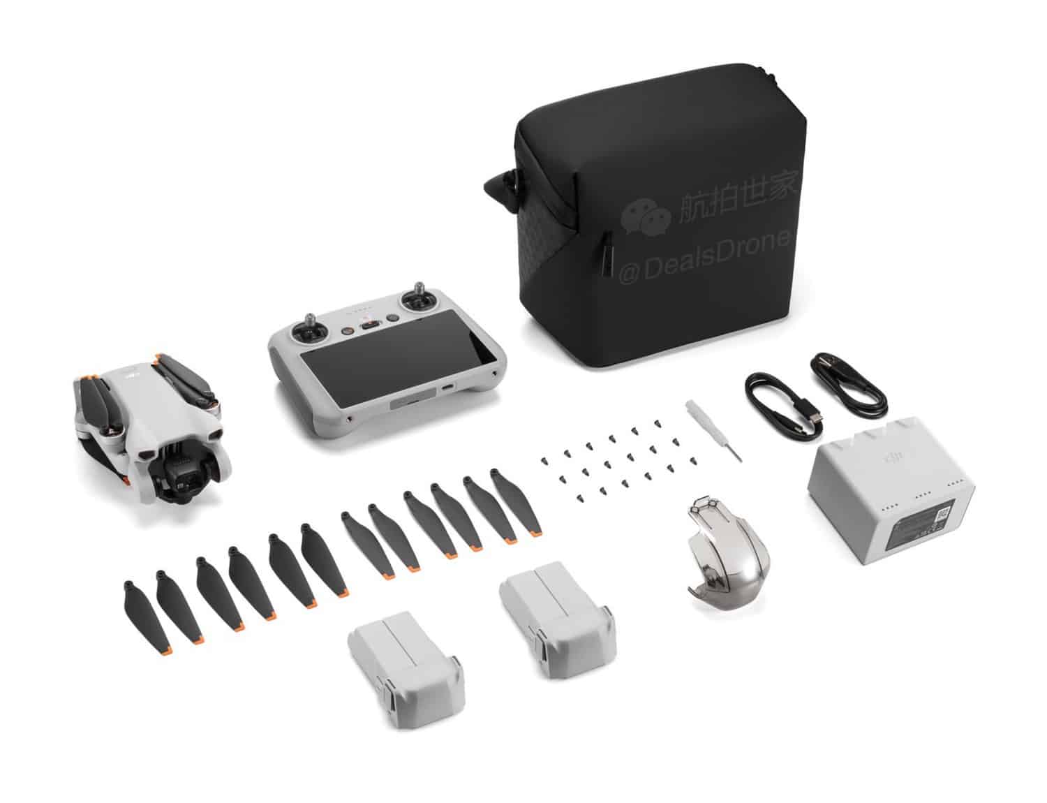 Leaked DJI Mini 3 Fly More Combo with three batteries, DJI RC and shoulder bag.