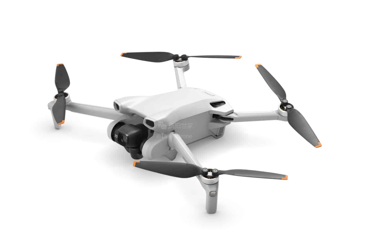 Leaked DJI Mini 3 photo showing the drone from the top at a three-quarter angle.