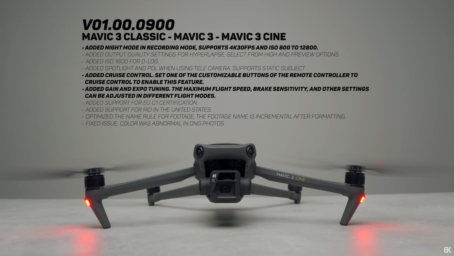 Screenshot of the DJI Mavic 3 firmware release notes listing Night Video Mode.