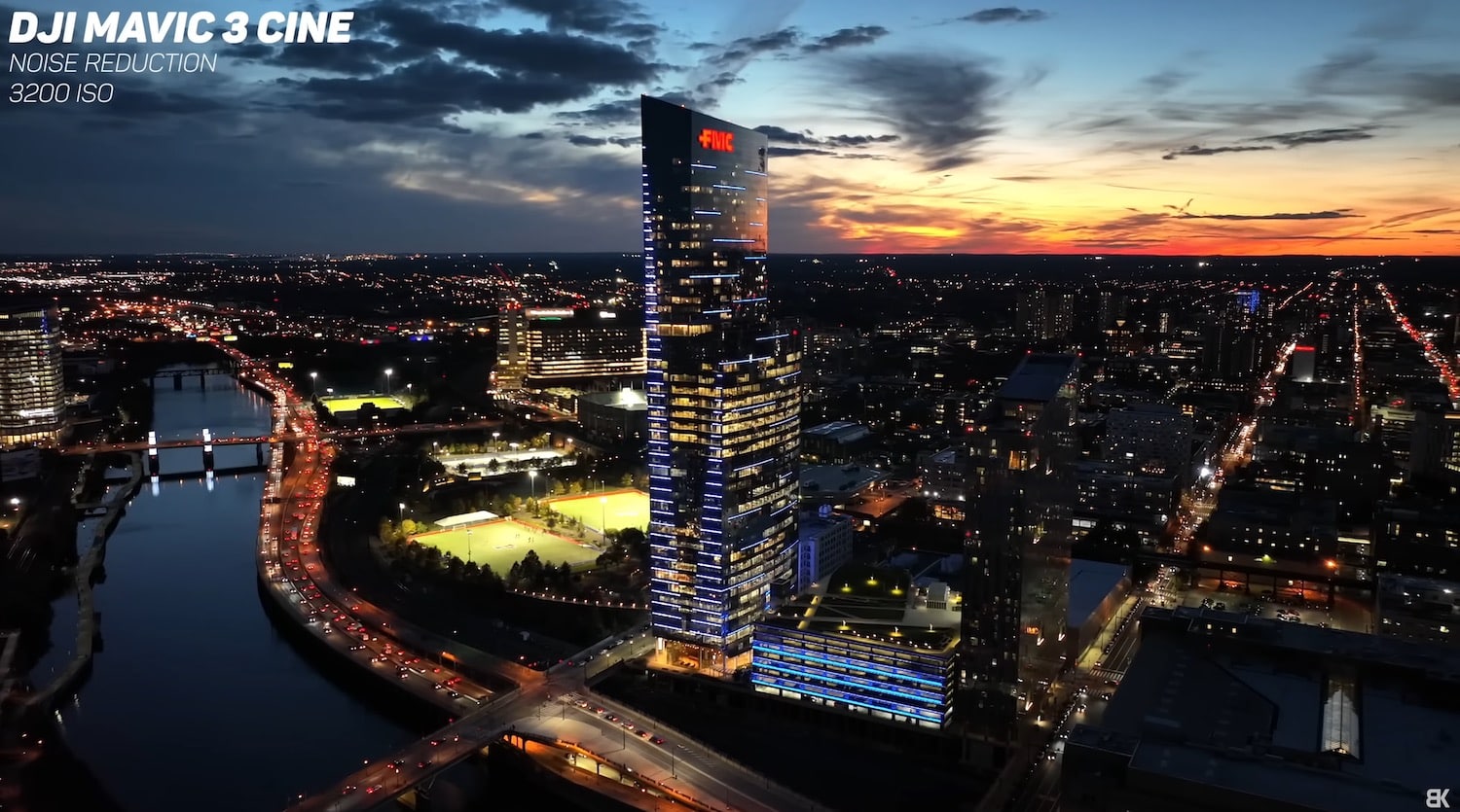 Philadelphia skyline at night filmed with the Mavic 3 at ISO 12800.