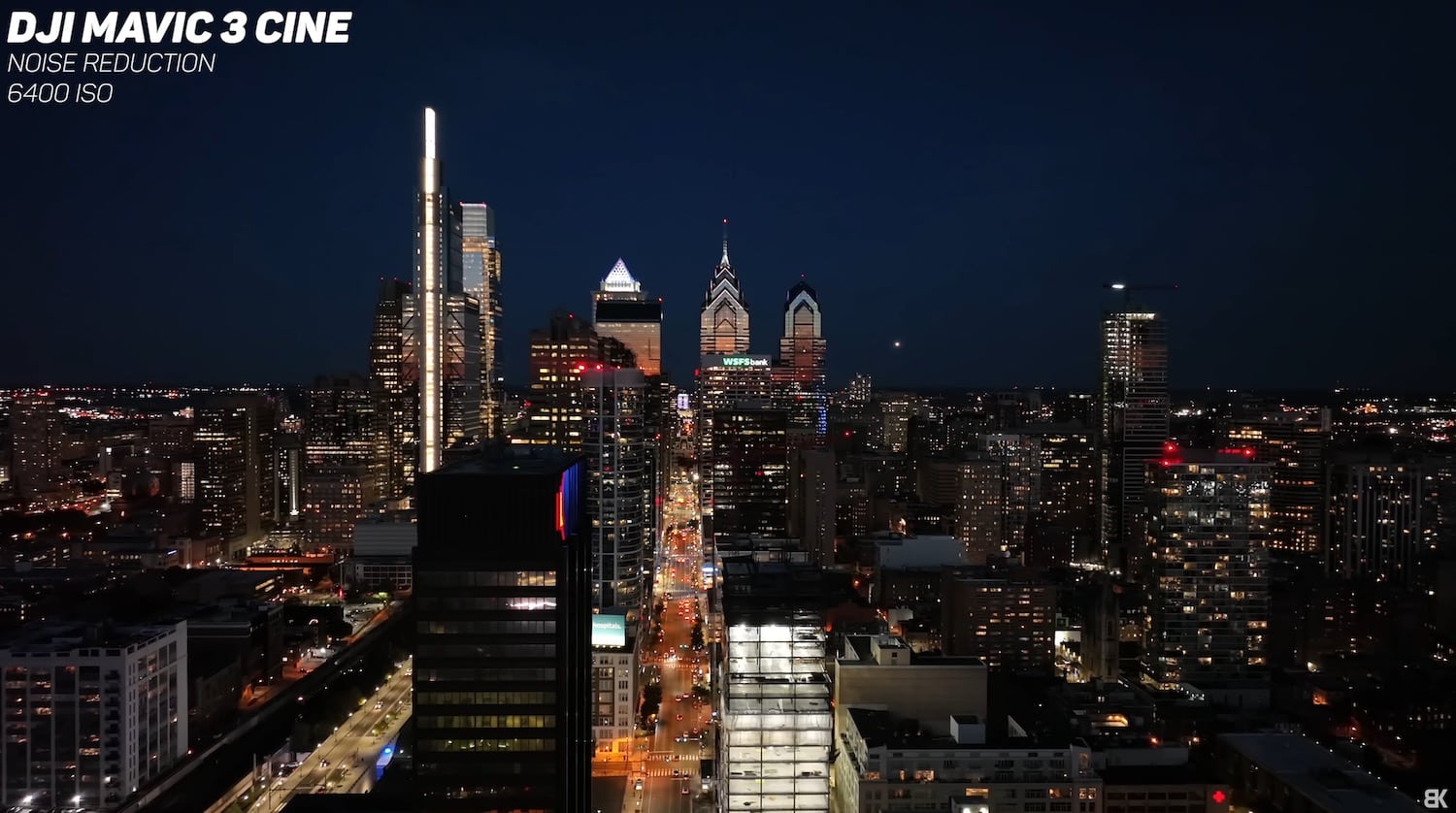 Night footage compared with and without the drone's built-in noise reduction.