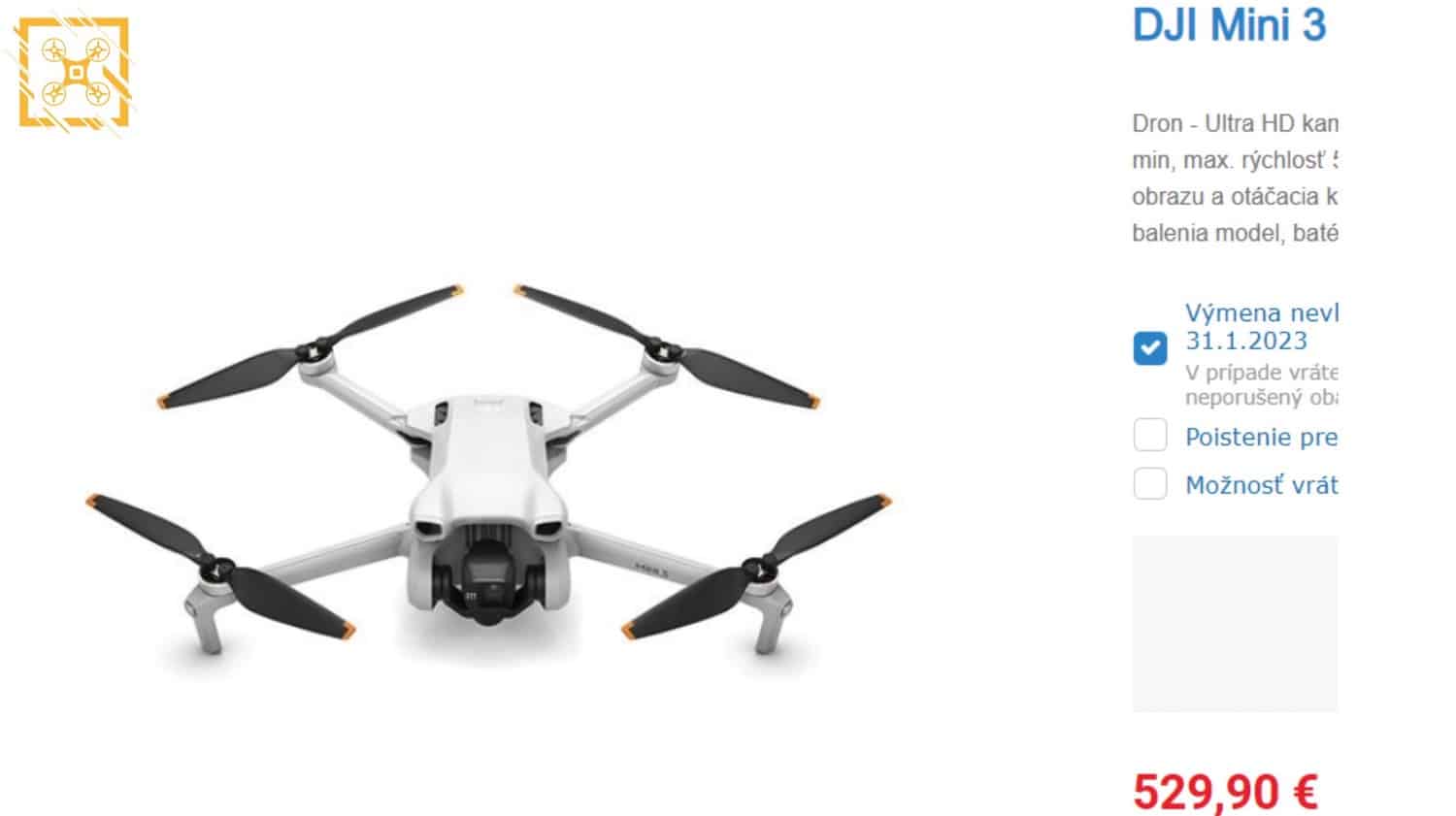 DJI Mini 3 listed for 529 EUR on Czech online store