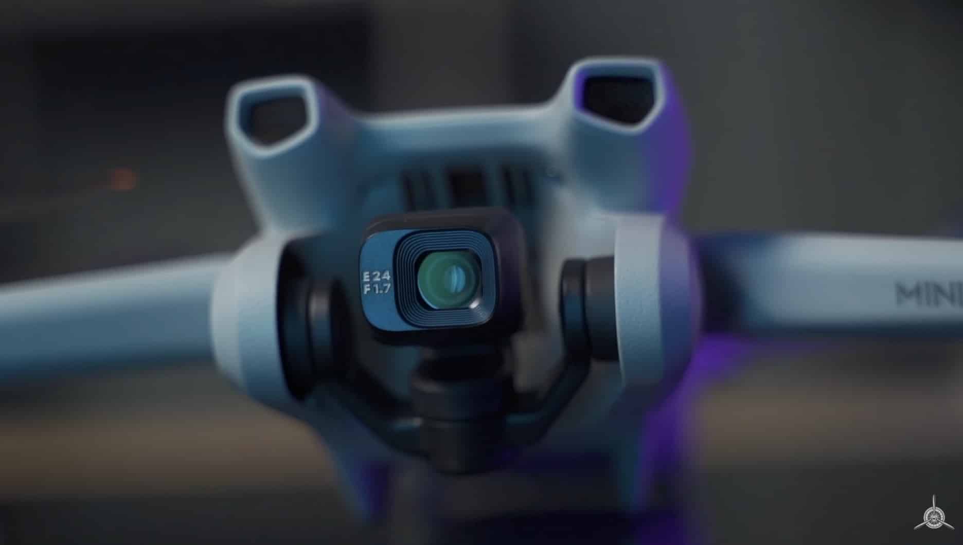 Close-up of the DJI Mini 3 gimbal camera lens marked f/1.7.