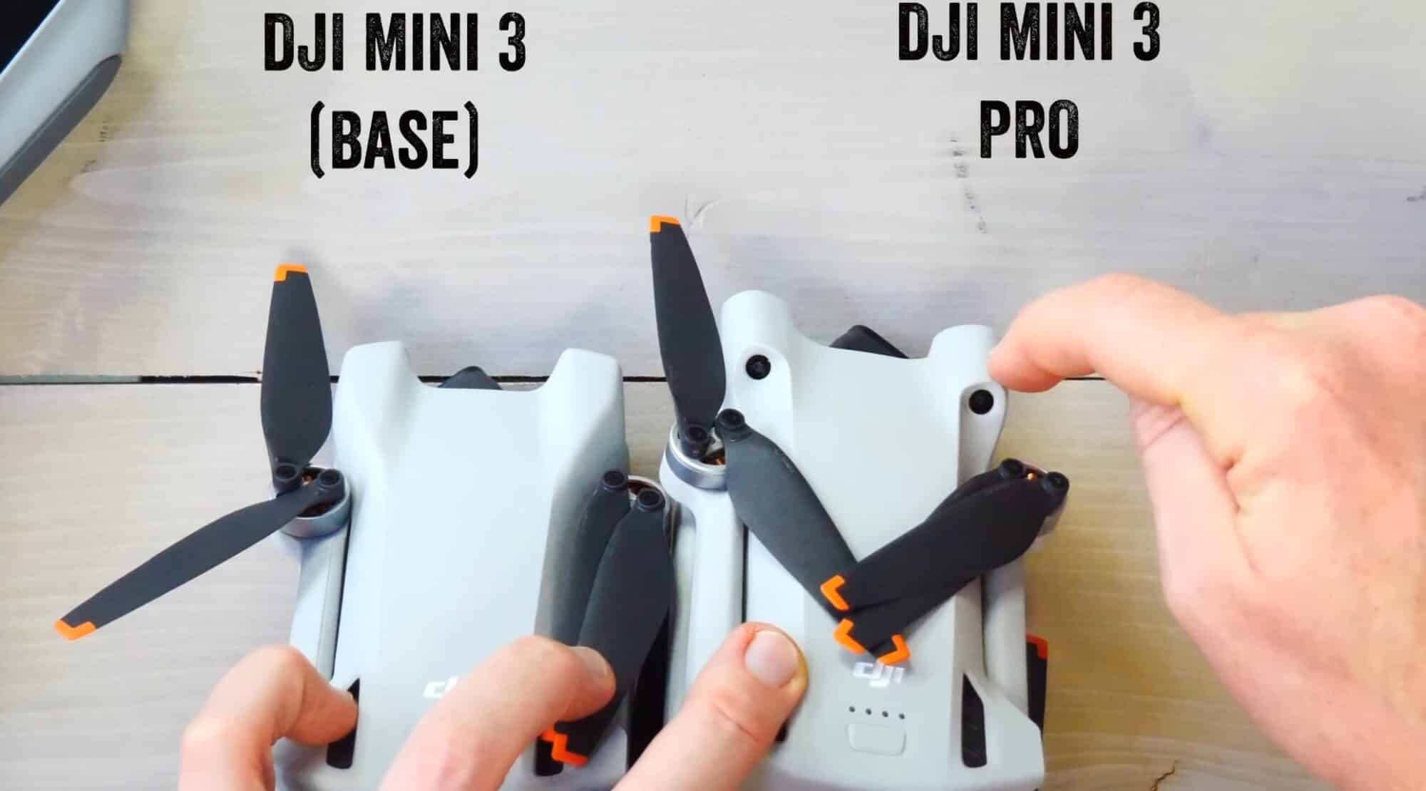 DJI Mini 3 lacking the two rear obstacle avoidance sensors of the Mini 3 Pro.