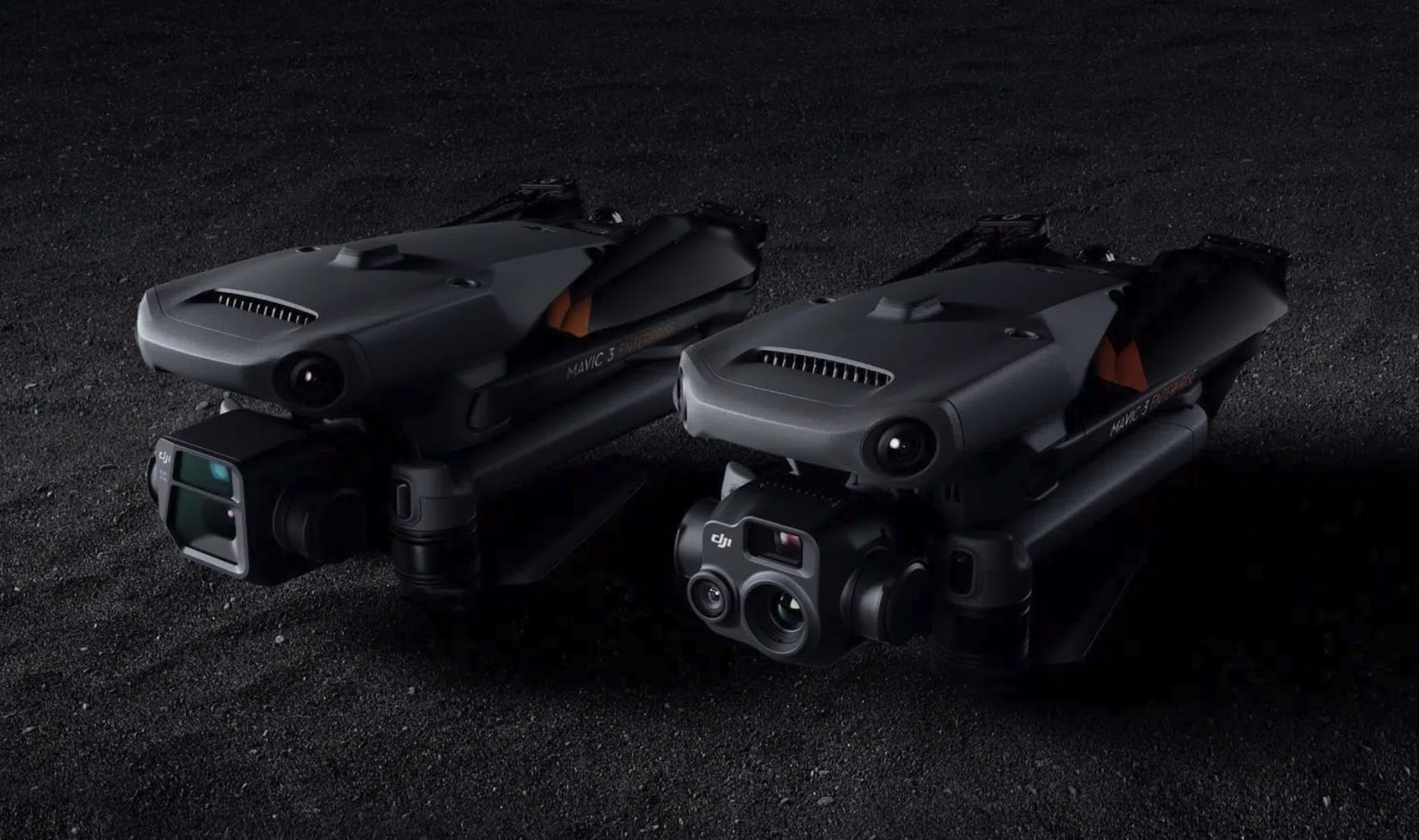 Two DJI Mavic 3 Enterprise drones side by side showing their different camera payloads.