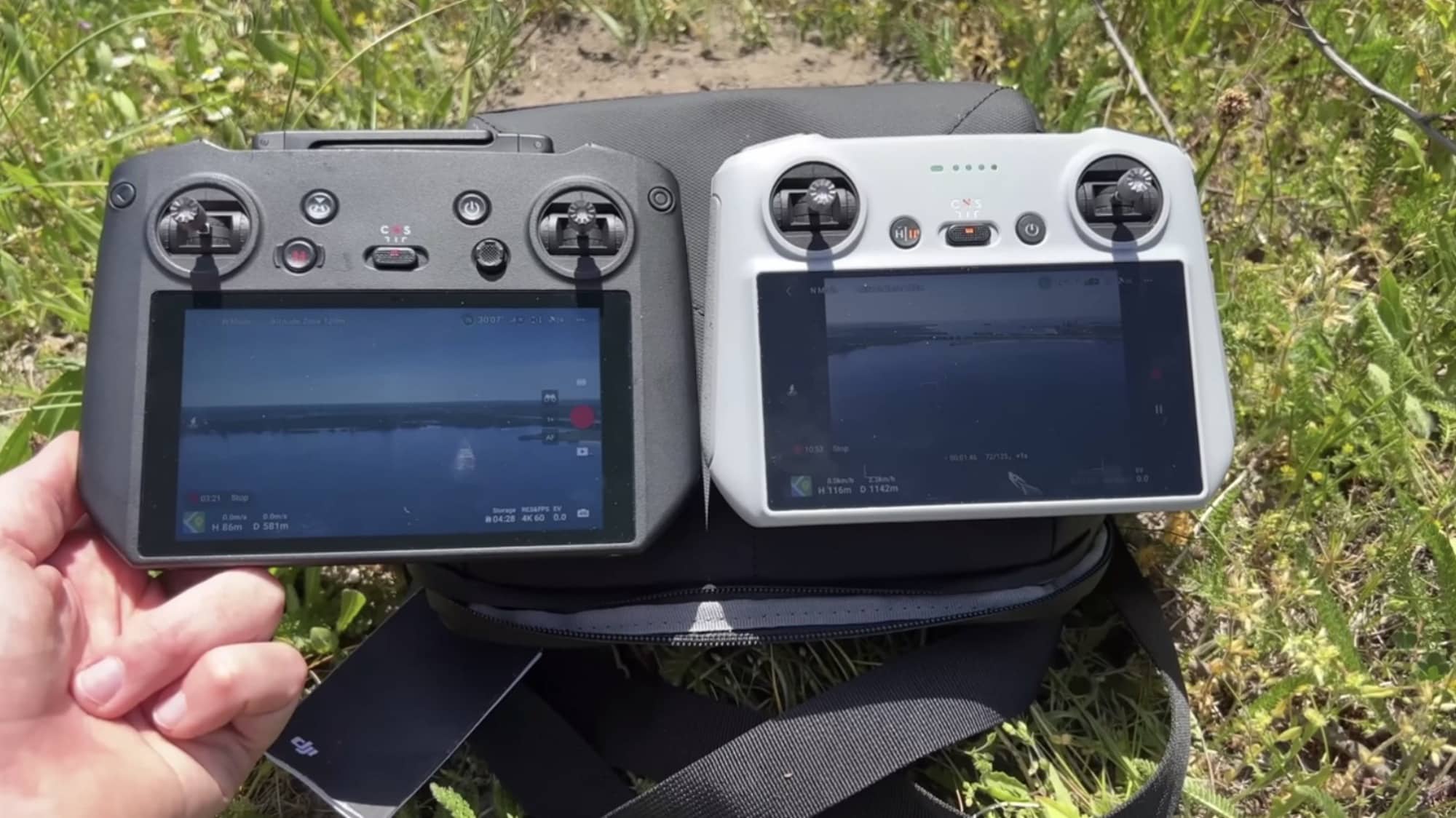 The brighter DJI RC Pro screen next to the cheaper DJI RC display.